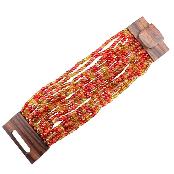 Multi-Strand Red & Gold Glass Beaded Bracelet Wood Clasp Handmade Jewelry - Picture 1 of 10